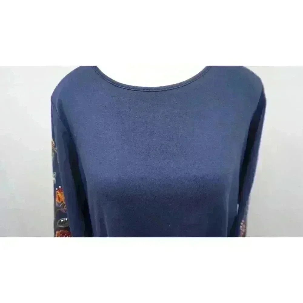 Alfred Dunner Petites Embroidered Bell Sleeves Knit Top - PM Size, Navy Blue - Picture 2 of 14